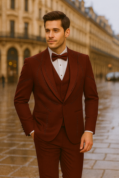 Men’s Burgundy Italian Wool 3-Piece Modern Formal Tuxedo 4   - from alligatorwarehouse.com