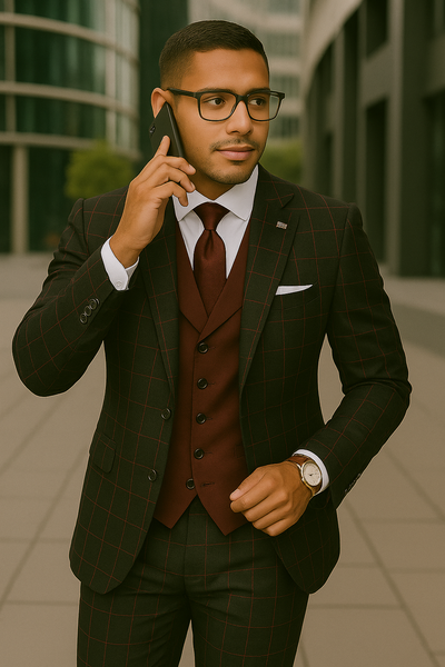 Wool Suit - Italian Made Business Suit by Statement Men's 3 Piece 100% Wool Modern Fit Suit - Bold Accent Color 3 LUCCA_Burgundy_38R  - from alligatorwarehouse.com
