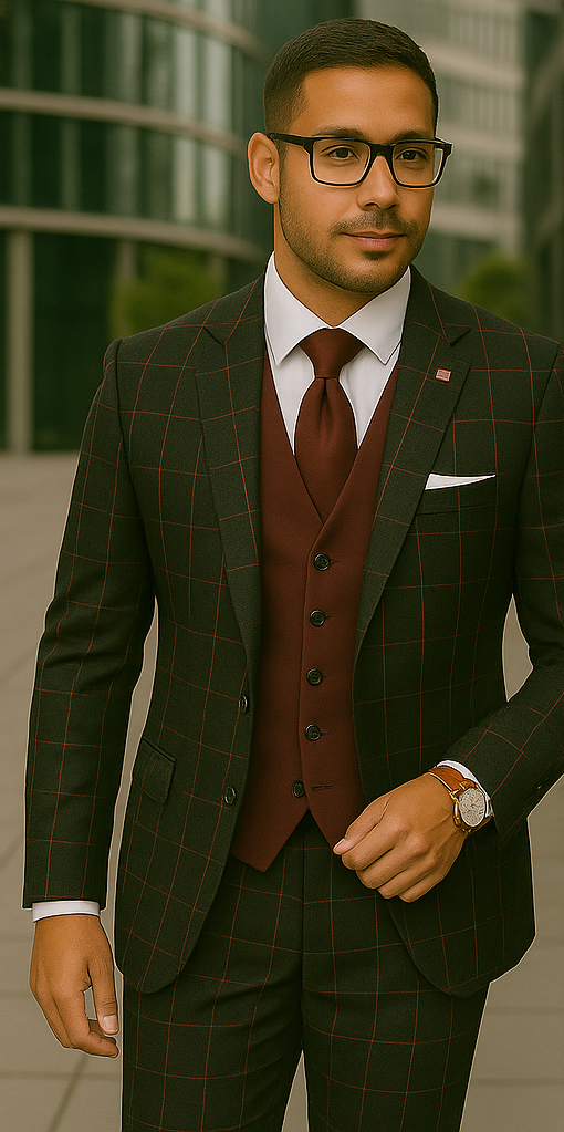 Wool Suit - Italian Made Business Suit by Statement Men's 3 Piece 100% Wool Modern Fit Suit - Bold Accent Color