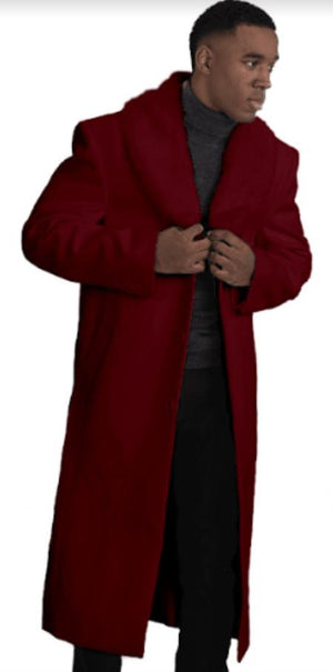 Mens Overcoat With Fur Collar - Burgundy Topcoat - Maroon Wool Fabric Long Coat Hot Red