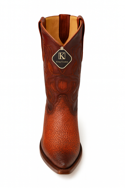 Men's King Exotic Snip Toe Sharkskin Boots Handcrafted Burnished Cognac (494RD0903)
