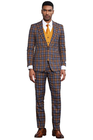 Men's Stacy Adams Bold Windowpane Plaid Print Vested Suit in Grey & Gold