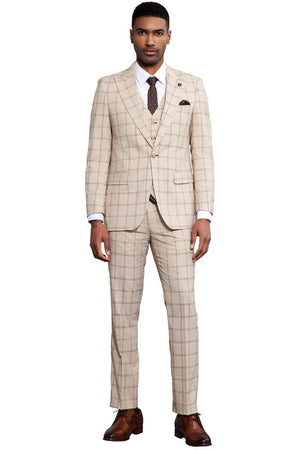 Men's Stacy Adams One Button Peak Lapel Vested Windowpane Plaid Suit in Tan