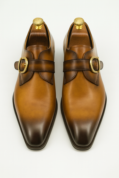 Mens Carrucci Classic Leather Fade Single D-Buckle Monk Strap Dress Shoe in Chestnut 17   - from alligatorwarehouse.com