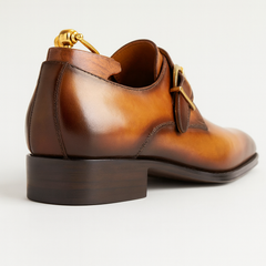 Mens Carrucci Classic Leather Fade Single D-Buckle Monk Strap Dress Shoe in Chestnut