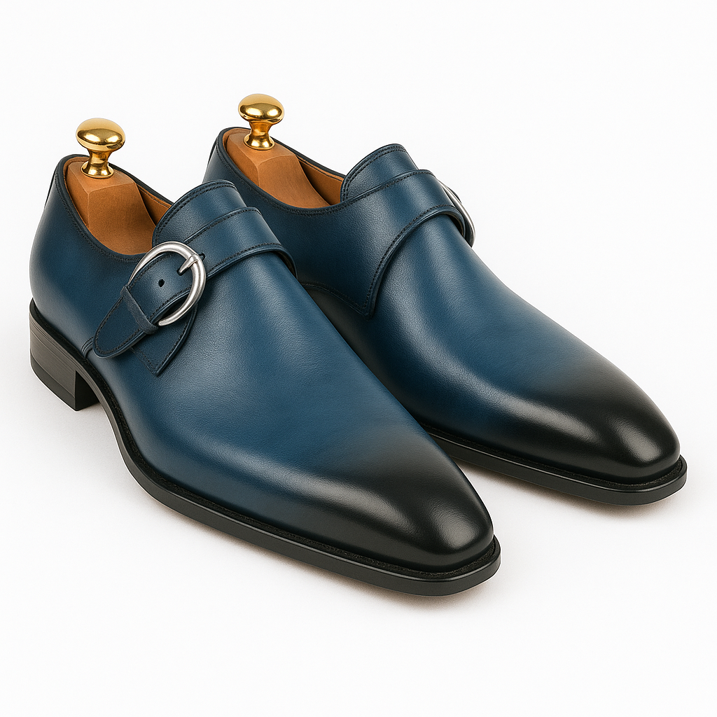 Mens Carrucci Classic Leather Fade Single D-Buckle Monk Strap Dress Shoe in Chestnut