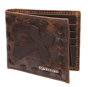 Cartera de Cuero Original Tejida Tombstone con Cruz Color Cognac