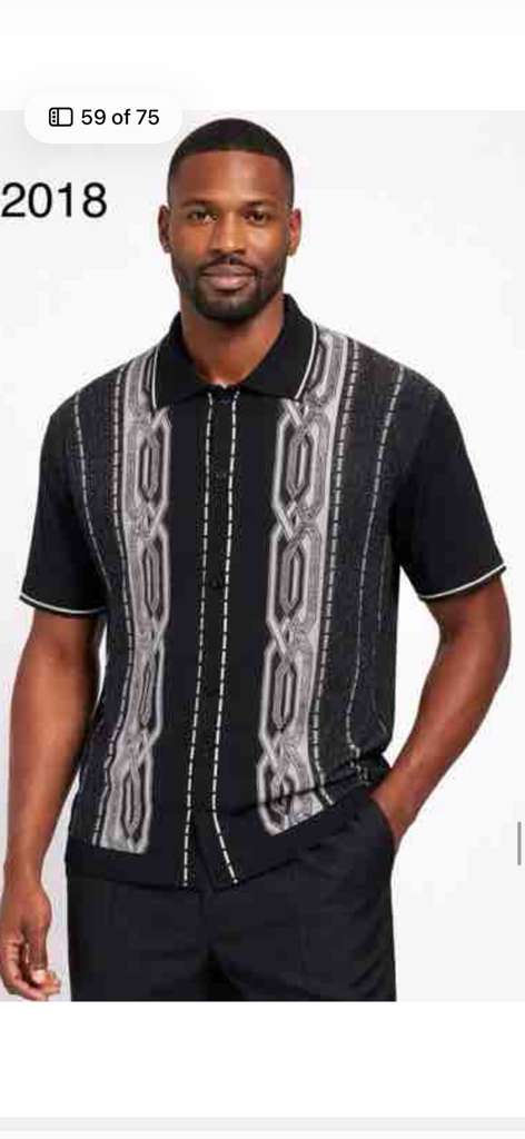 Mens Black and Gray Pattern Walking Suit Set – Short Sleeve Knit Shirt and Pants Casual Outfit for Summer, Travel and Everyday Wear