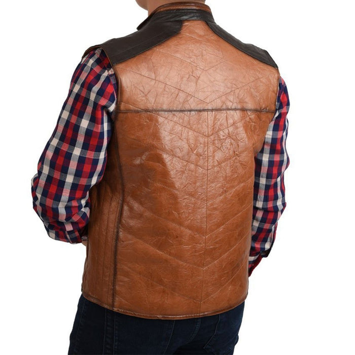 Men’s Tan Honey Color Cowhide & Sheepskin Leather Cowboy Vest