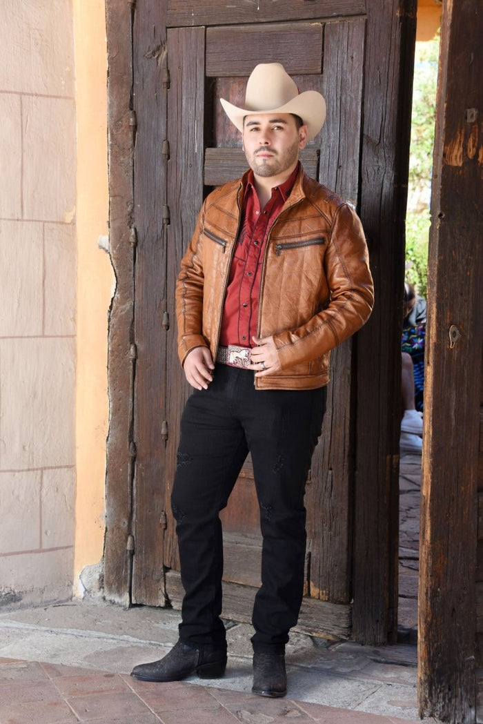 Men’s Tan Honey Color Fine Leather Cowboy Denim Jacket