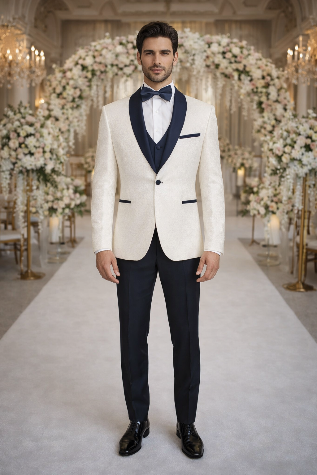 Designer White Metallic Flake Tuxedo with Navy Trim – 3-Piece Suit