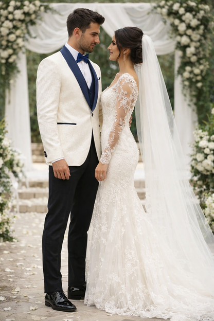 Designer White Metallic Flake Tuxedo with Navy Trim – 3-Piece Suit