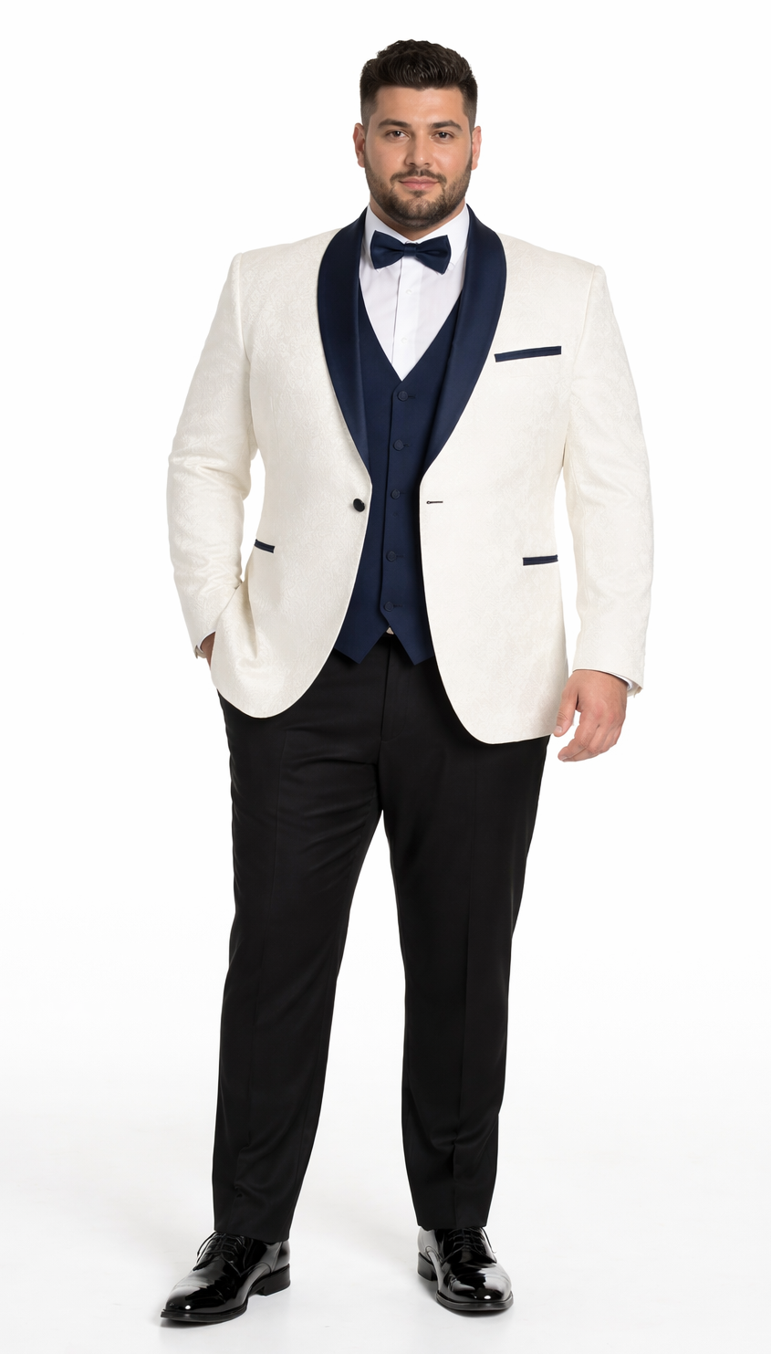 Designer White Metallic Flake Tuxedo with Navy Trim – 3-Piece Suit