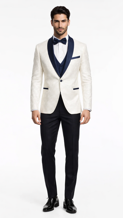 Designer White Metallic Flake Tuxedo with Navy Trim – 3-Piece Suit