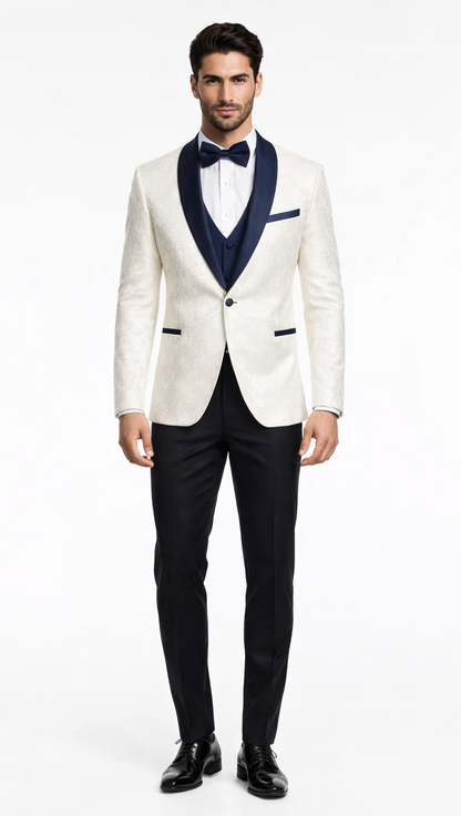Designer White Metallic Flake Tuxedo with Navy Trim – 3-Piece Suit