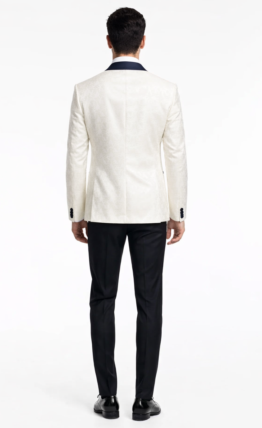 Designer White Metallic Flake Tuxedo with Navy Trim – 3-Piece Suit