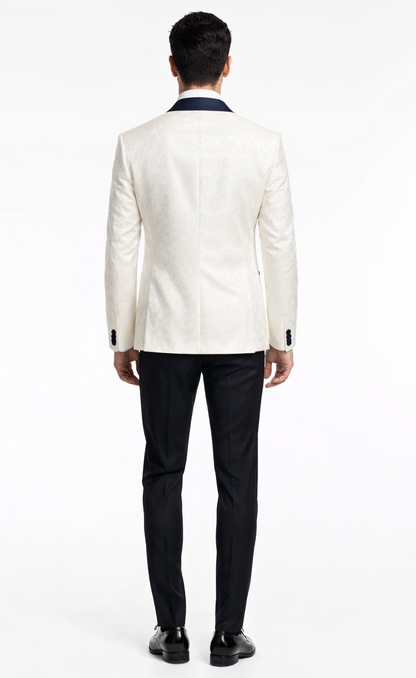 Designer White Metallic Flake Tuxedo with Navy Trim – 3-Piece Suit