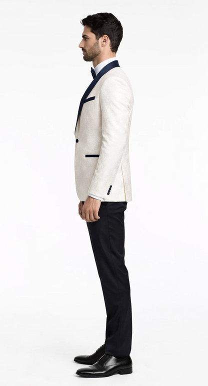 Designer White Metallic Flake Tuxedo with Navy Trim – 3-Piece Suit