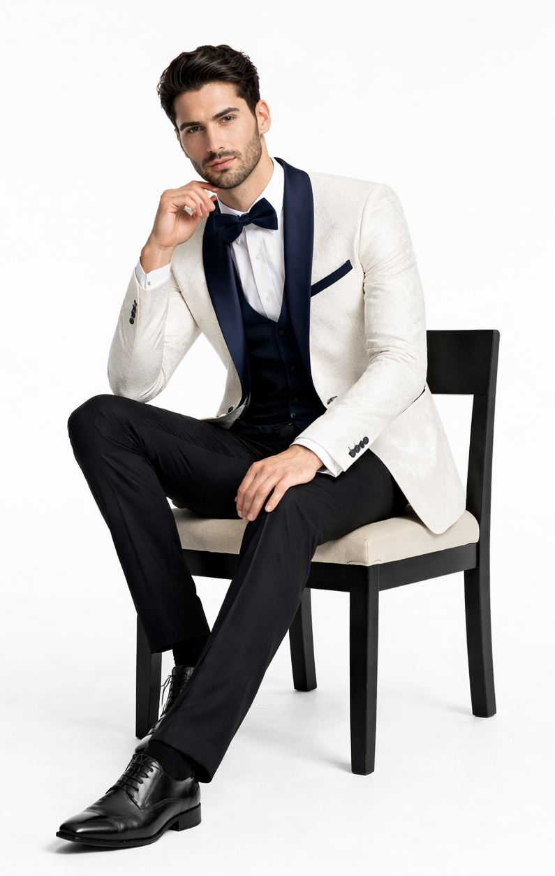 Designer White Metallic Flake Tuxedo with Navy Trim – 3-Piece Suit