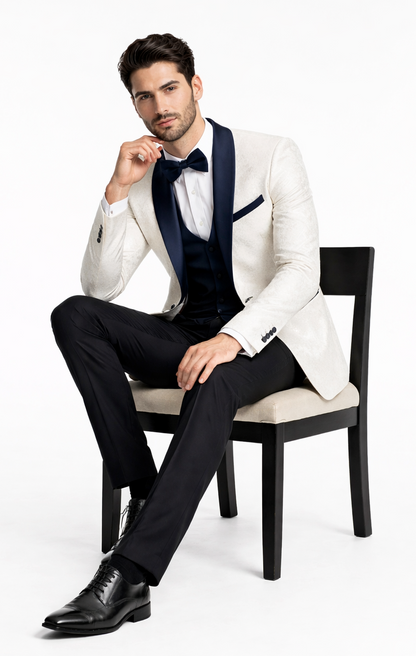 Designer White Metallic Flake Tuxedo with Navy Trim – 3-Piece Suit
