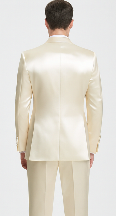 Champagne Satin Double Breasted Peak Lapel 3 Piece Skinny Fit Tazzio Men's Suit with Matching Bowtie 2 M390SK-03-38S  - from alligatorwarehouse.com