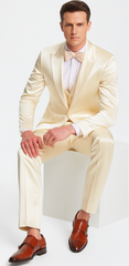 Champagne Satin Double Breasted Peak Lapel 3 Piece Skinny Fit Tazzio Men's Suit with Matching Bowtie