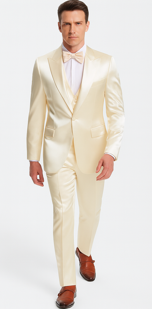 Champagne Satin Double Breasted Peak Lapel 3 Piece Skinny Fit Tazzio Men's Suit with Matching Bowtie