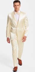 Champagne Satin Double Breasted Peak Lapel 3 Piece Skinny Fit Tazzio Men's Suit with Matching Bowtie