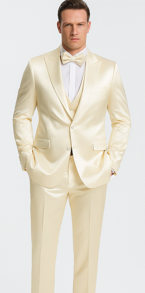 Champagne Satin Double Breasted Peak Lapel 3 Piece Skinny Fit Tazzio Men's Suit with Matching Bowtie