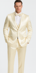 Champagne Satin Double Breasted Peak Lapel 3 Piece Skinny Fit Tazzio Men's Suit with Matching Bowtie