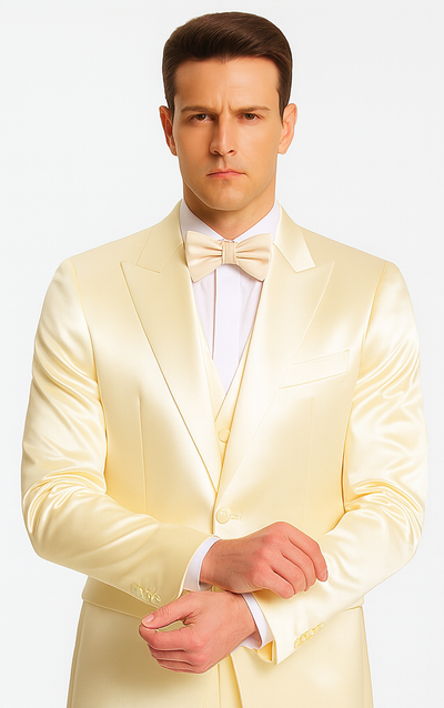 Champagne Satin Double Breasted Peak Lapel 3 Piece Skinny Fit Tazzio Men's Suit with Matching Bowtie 6 M390SK-03-38S  - from alligatorwarehouse.com