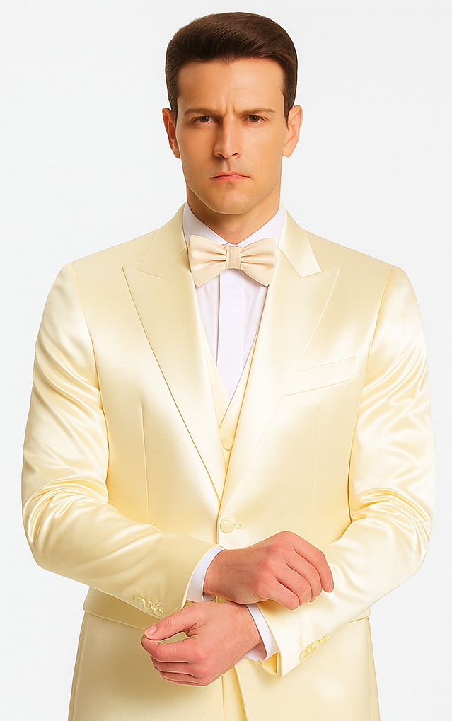 Champagne Satin Double Breasted Peak Lapel 3 Piece Skinny Fit Tazzio Men's Suit with Matching Bowtie