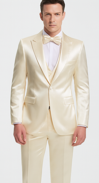 Champagne Satin Double Breasted Peak Lapel 3 Piece Skinny Fit Tazzio Men's Suit with Matching Bowtie