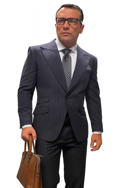 Statement Suits - Wool Suits - Peak Lapel Suits - Ticket Pocket - Modern Fit - Charcoal Stripe Suit 1   - from alligatorwarehouse.com