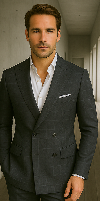 Wool Suit - Italian Made Business Suit by Statement Men's 100% Wool 2 Piece Suit - Double Breasted Plaid 3 SD-102_Charcoal_38R  - from alligatorwarehouse.com