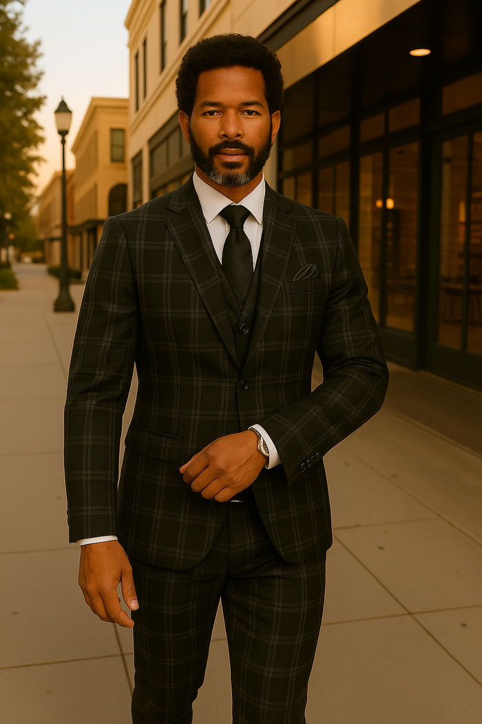 Statement Men's 3 Piece 100% Wool Plaid Suit - Modern Fit