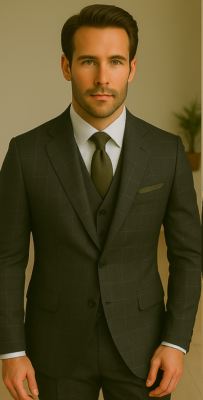 Wool Suit - Italian Made Business Suit by Statement Men's 3 Piece 100% Wool Modern Fit Suit - V-Neck Double Breasted Vest