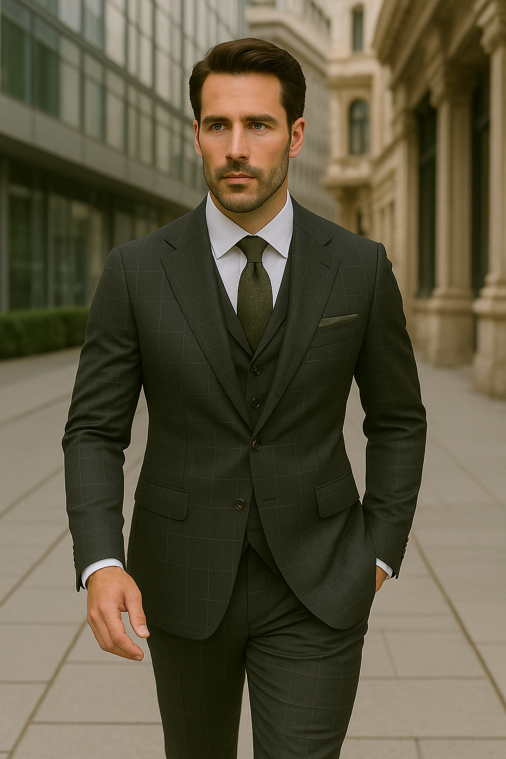 Wool Suit - Italian Made Business Suit by Statement Men's 3 Piece 100% Wool Modern Fit Suit - V-Neck Double Breasted Vest