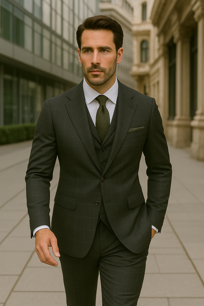 Wool Suit - Italian Made Business Suit by Statement Men's 3 Piece 100% Wool Modern Fit Suit - V-Neck Double Breasted Vest