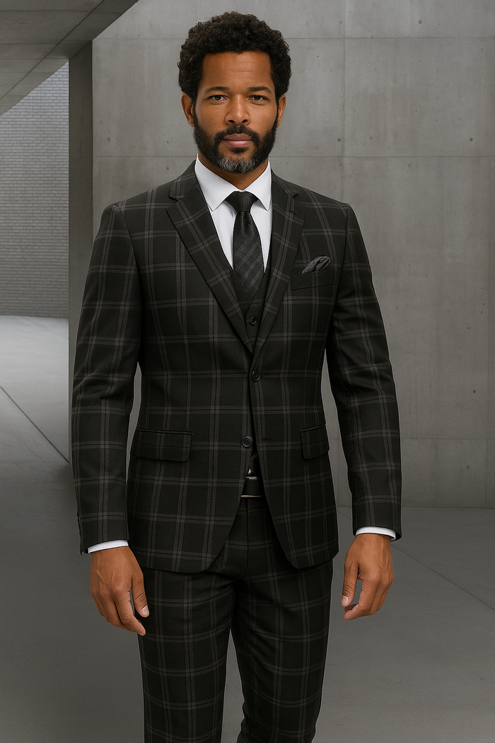 Statement Men's 3 Piece 100% Wool Plaid Suit - Modern Fit