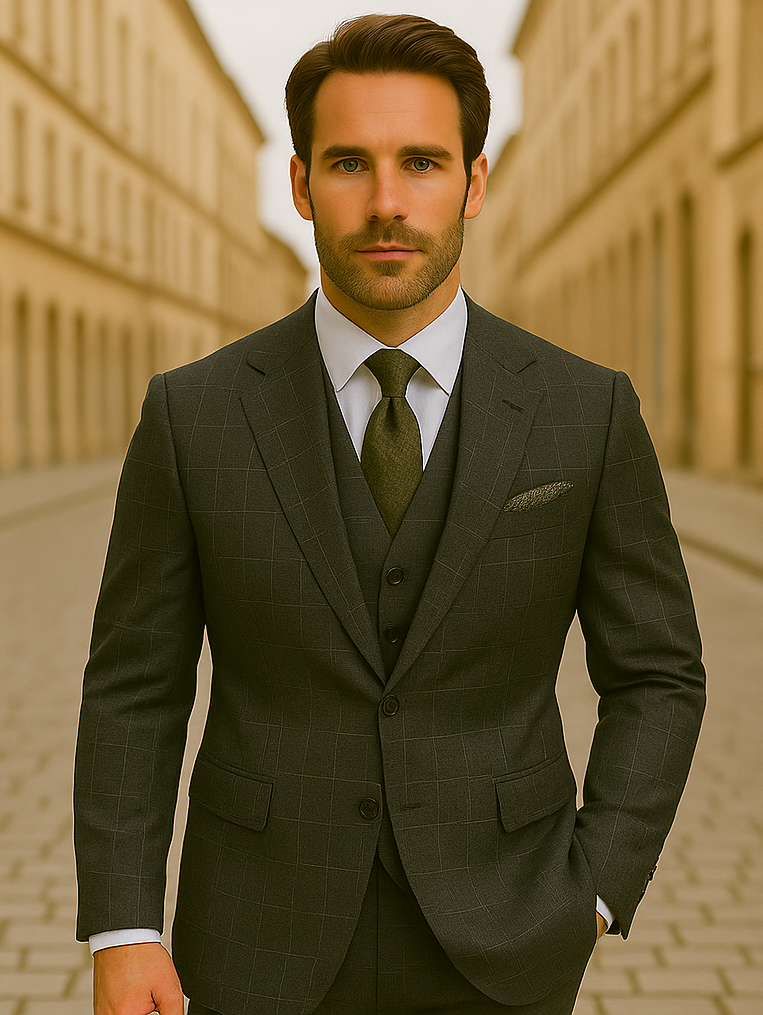 Wool Suit - Italian Made Business Suit by Statement Men's 3 Piece 100% Wool Modern Fit Suit - V-Neck Double Breasted Vest