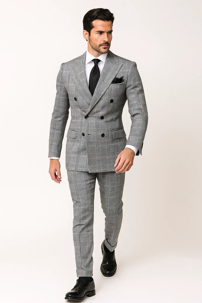 Suits With Baggy Pleated Pants - Wide Leg Pants 100% Wool - Classic Fit in Black and White Plaid Color by Rossiman 8   - from alligatorwarehouse.com