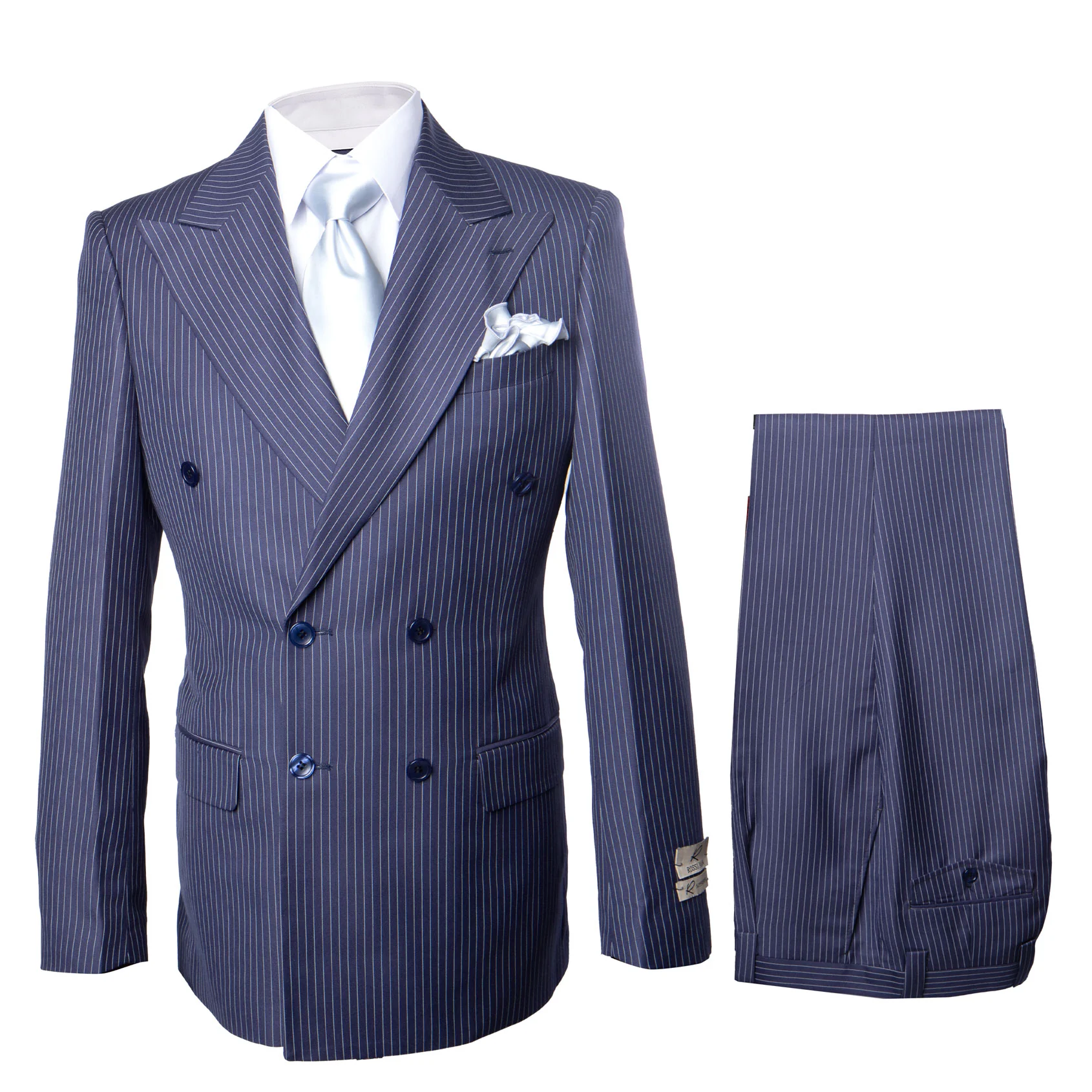 Suits With Baggy Pleated Pants - Wide Leg Pants 100% Wool - Classic Fit in Navy with White Pinstripe Color by Rossiman 2   - from alligatorwarehouse.com