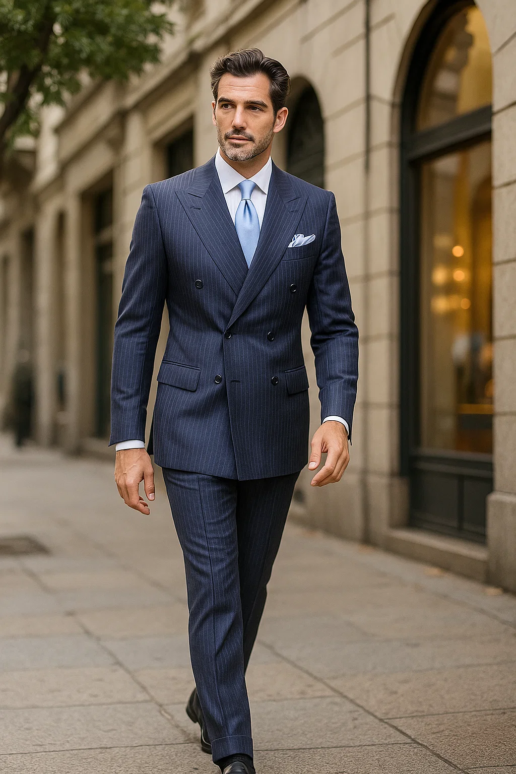 Suits With Baggy Pleated Pants - Wide Leg Pants 100% Wool - Classic Fit in Navy with White Pinstripe Color by Rossiman 9   - from alligatorwarehouse.com