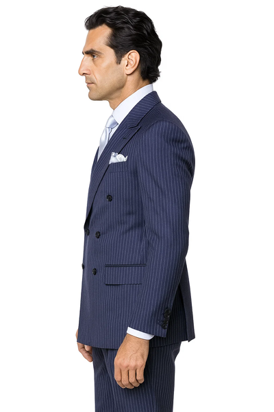Suits With Baggy Pleated Pants - Wide Leg Pants 100% Wool - Classic Fit in Navy with White Pinstripe Color by Rossiman 7   - from alligatorwarehouse.com