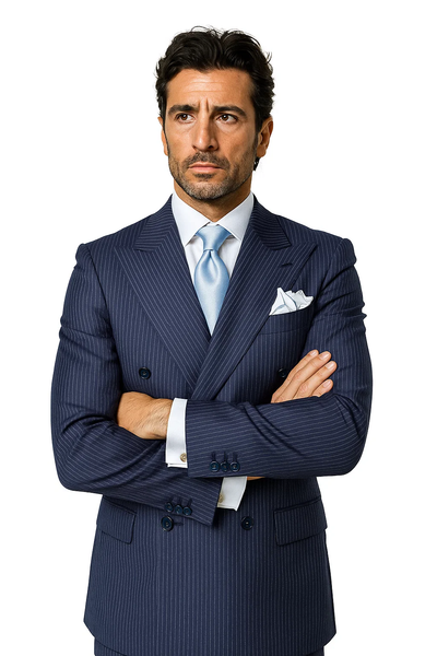 Suits With Baggy Pleated Pants - Wide Leg Pants 100% Wool - Classic Fit in Navy with White Pinstripe Color by Rossiman 5   - from alligatorwarehouse.com