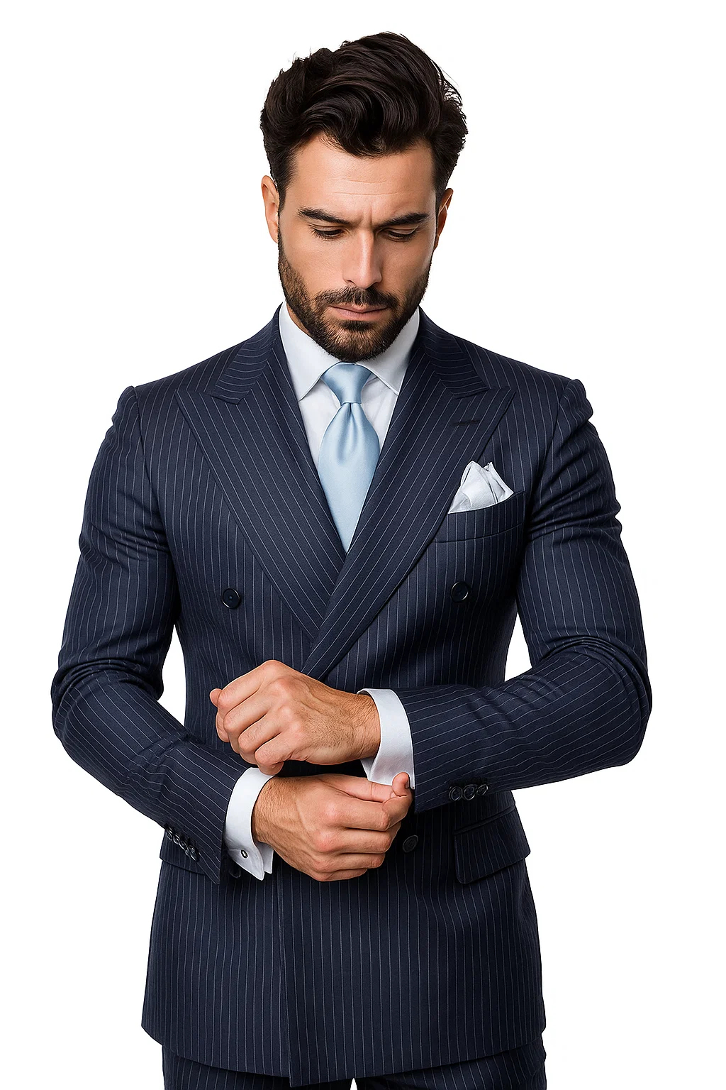 Suits With Baggy Pleated Pants - Wide Leg Pants 100% Wool - Classic Fit in Navy with White Pinstripe Color by Rossiman 6   - from alligatorwarehouse.com