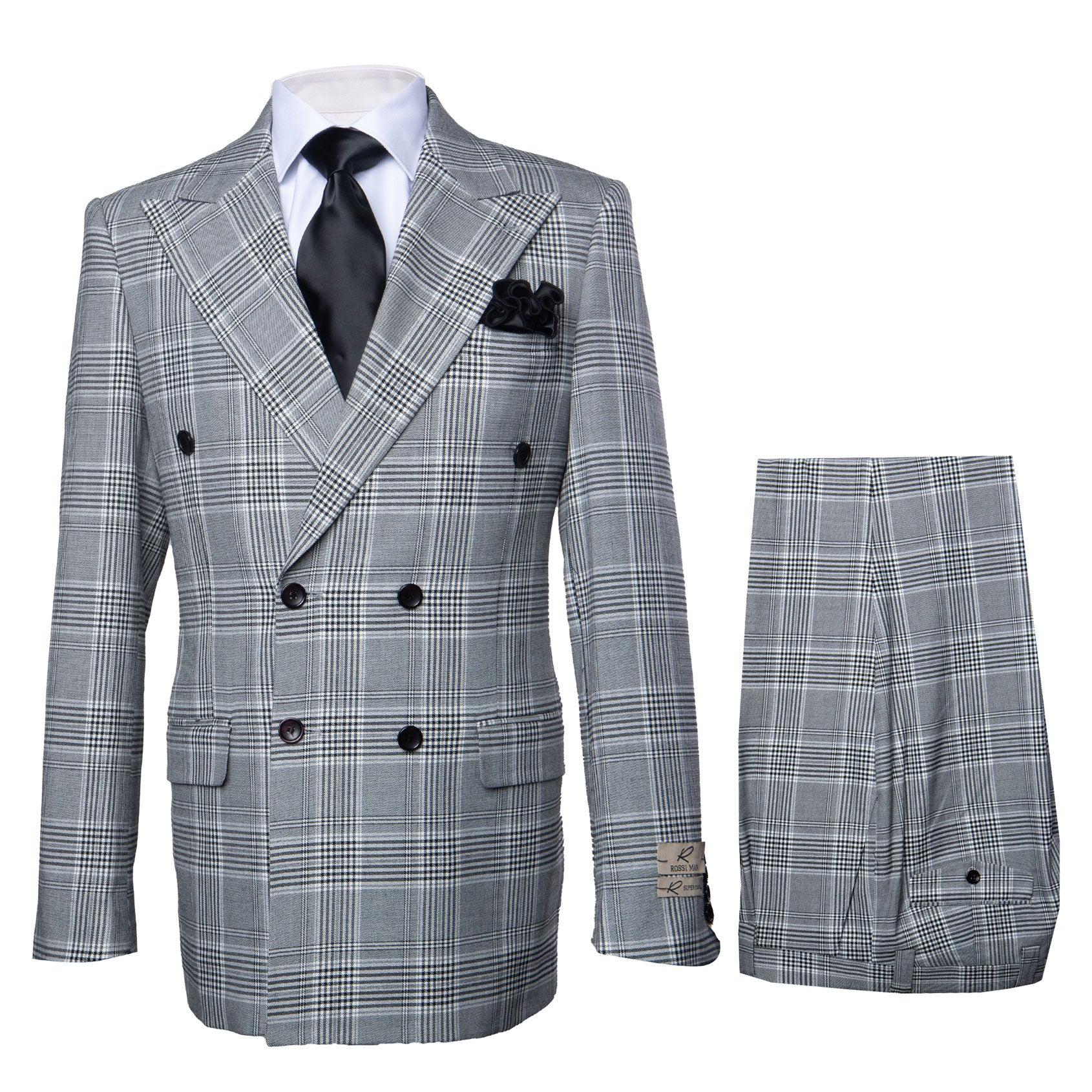 Suits With Baggy Pleated Pants - Wide Leg Pants 100% Wool - Classic Fit in Black and White Plaid Color by Rossiman 3   - from alligatorwarehouse.com