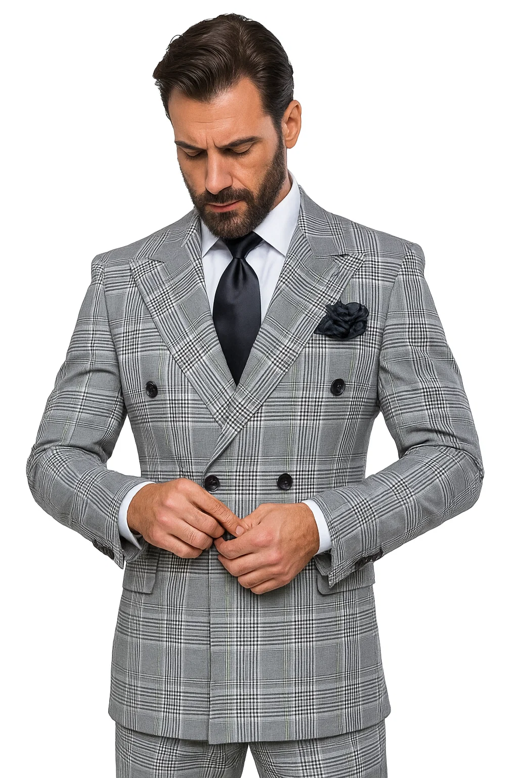 Suits With Baggy Pleated Pants - Wide Leg Pants 100% Wool - Classic Fit in Black and White Plaid Color by Rossiman 4   - from alligatorwarehouse.com