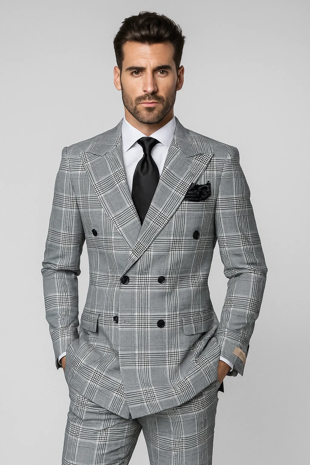 Suits With Baggy Pleated Pants - Wide Leg Pants 100% Wool - Classic Fit in Black and White Plaid Color by Rossiman 2   - from alligatorwarehouse.com